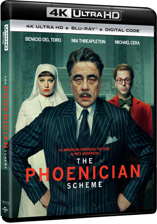 A 4K Ultra HD movie cover for "The Phoenician Scheme" featuring three characters in vintage attire, with Benicio Del Toro in front, Mia Threapleton and Michael Cera behind him.
