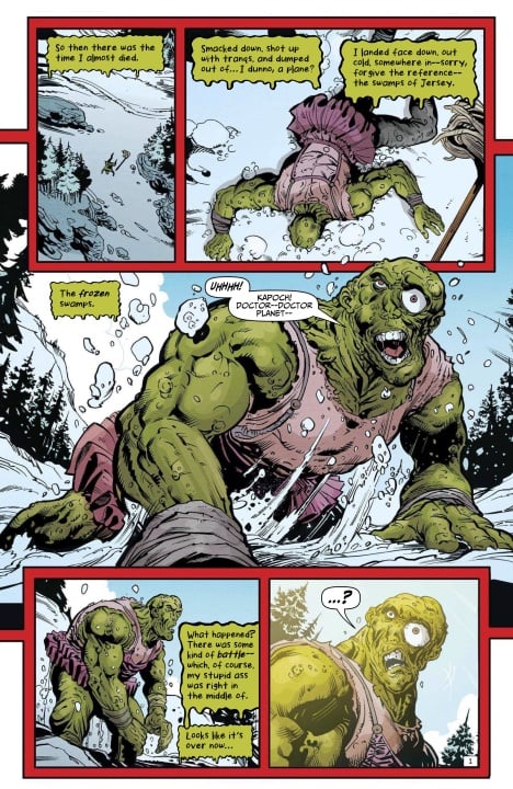 A swamp creature in a pink dress trudges through snow, collapses, and lies face down, frightened and exhausted, in a wintery forest landscape.