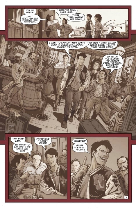 A group of young men, including one in a varsity jacket, walk through a diner and sit at a booth, talking intensely while others look on. The scene is illustrated in sepia tones.