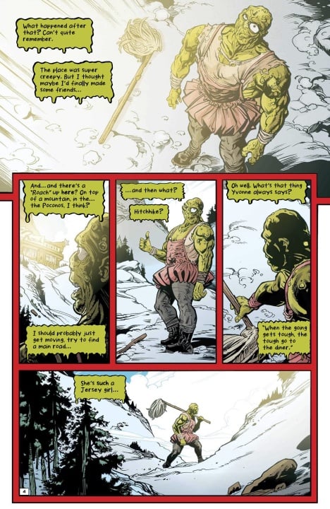 A green-skinned creature in a pink dress stands in a snowy landscape, talking to a human carrying a pole. Comic panels show their conversation and actions.