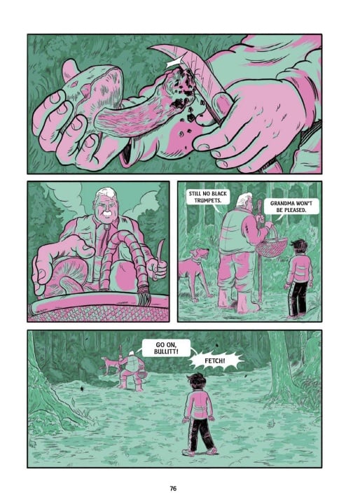 A person slices a mushroom, then speaks to a dog while foraging in the woods with a child. The child throws a stick and tells the dog to fetch.