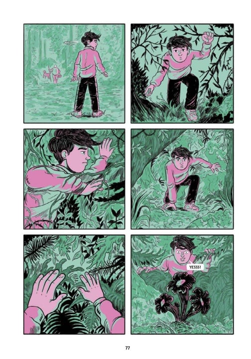 A boy searches through dense green foliage in a forest, eventually finding a plant and exclaiming "YESSS!.