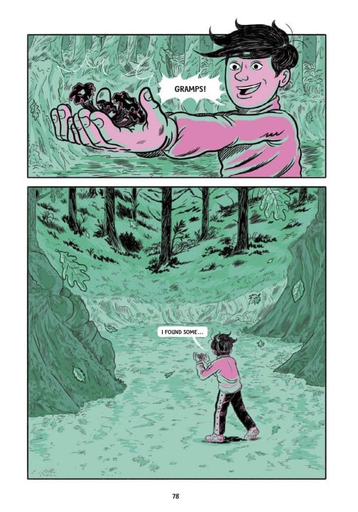 A person holds mushrooms in their hand, calling out “Gramps!” in a forest. In the next panel, they say, “I found some…” while standing among trees.