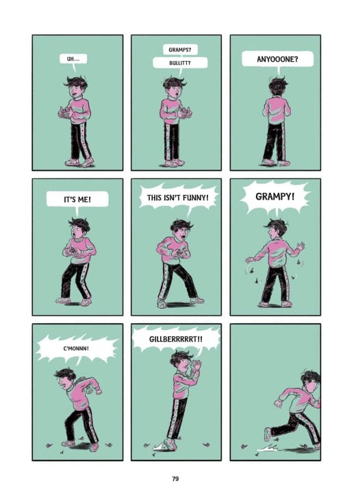 A comic page with nine panels shows a worried boy calling for his grandfather, looking around, and beginning to panic as he gets no response.