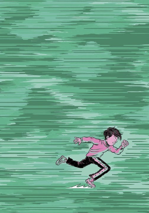 A person in a pink shirt and black pants runs quickly across a streaked green background.