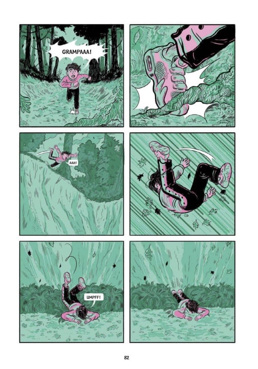 A child runs through a forest, trips over a branch, tumbles down a hill, and lands face down in the grass.