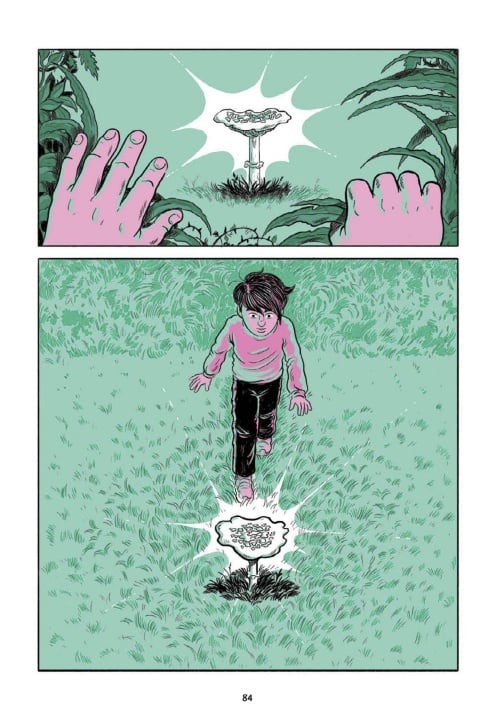 A person approaches a glowing object in the grass, first seen from behind some leaves, then walking toward it, with the object radiating light.