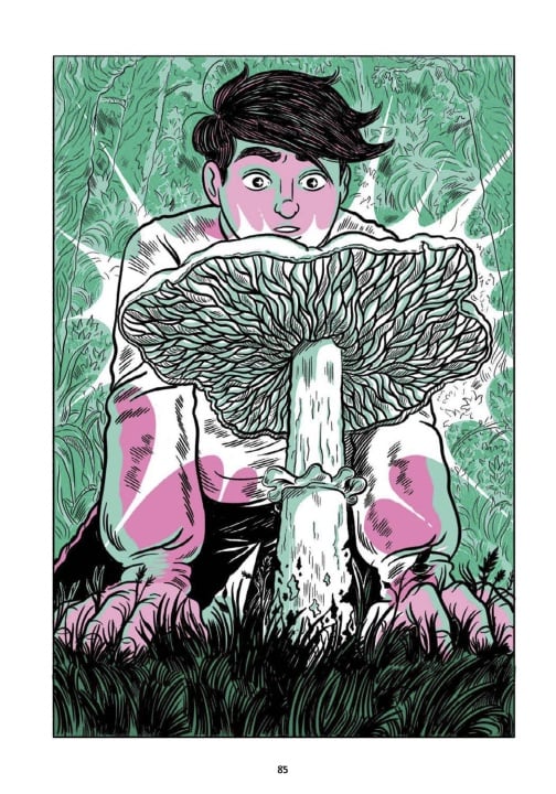 A person with wide eyes kneels on grass and looks intently at a large mushroom in a forest setting.