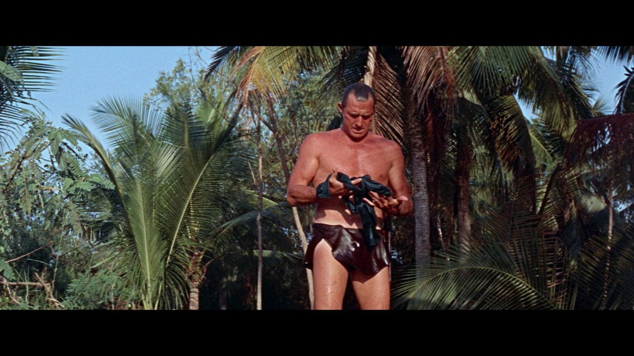 A muscular man wearing only a dark swimsuit stands among palm trees, holding clothing and looking down at it in a tropical outdoor setting.