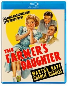 Blu-ray cover for "The Farmer's Daughter" featuring an illustrated woman smiling with two men behind her, with bold red title text and actor names Martha Raye and Charlie Ruggles.
