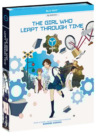 Blu-ray cover of "The Girl Who Leapt Through Time" featuring animated characters, gears, a bicycle, and various objects symbolizing time travel, directed by Mamoru Hosoda.