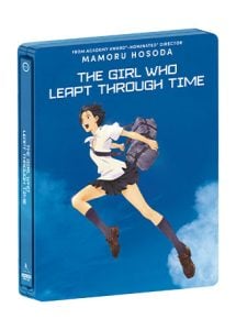 Blu-ray case of "The Girl Who Leapt Through Time" featuring animated girl in school uniform jumping with a blue sky background.
