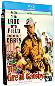 Blu-ray cover of "The Great Gatsby" featuring a man in a suit and hat, surrounded by illustrated scenes and characters, with movie title and cast names prominently displayed.