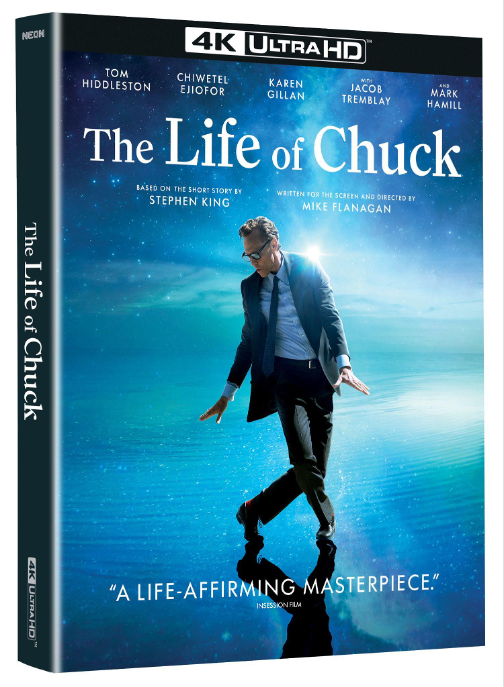 4K Ultra HD box cover for "The Life of Chuck," featuring a man in a suit walking against a cosmic starry background. Cast and creators' names are displayed at the top.