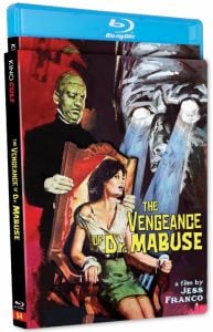 Blu-ray cover for "The Vengeance of Dr. Mabuse," showing a sinister man holding a mirror with a woman inside and a large face with glowing eyes in the background.