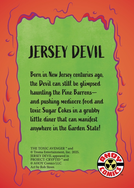 A comic-style poster describes the Jersey Devil as a creature haunting the Pine Barrens, linked to bad food and drinks in New Jersey, with the AHOY Comics logo at the bottom.