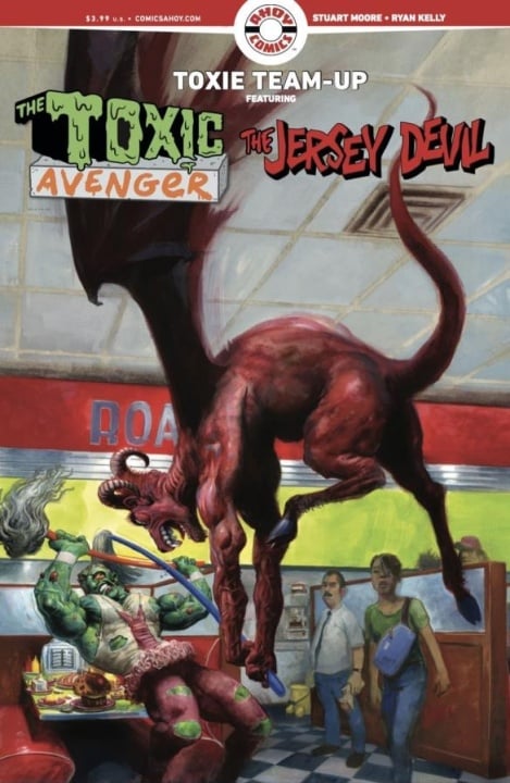 Comic book cover showing the Toxic Avenger fighting the Jersey Devil in a diner, with people reacting in shock and food flying off the counter.