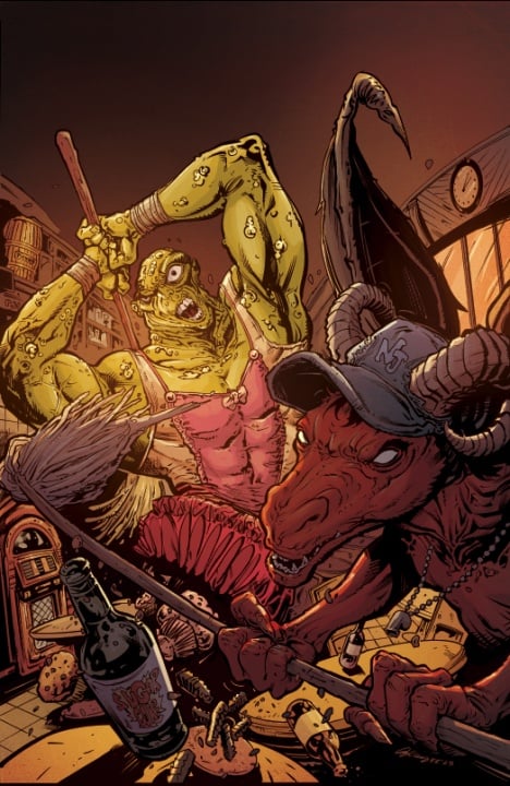 A muscular, green, masked figure in an apron and pink skirt brandishes a broom while a red, horned creature in a baseball cap holds a mop; the scene is chaotic with scattered food and a fallen bottle.