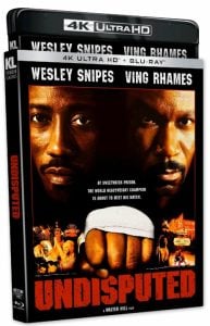 Blu-ray and 4K Ultra HD box cover for the film "Undisputed," featuring close-up images of Wesley Snipes and Ving Rhames with boxing imagery and bold red title text.