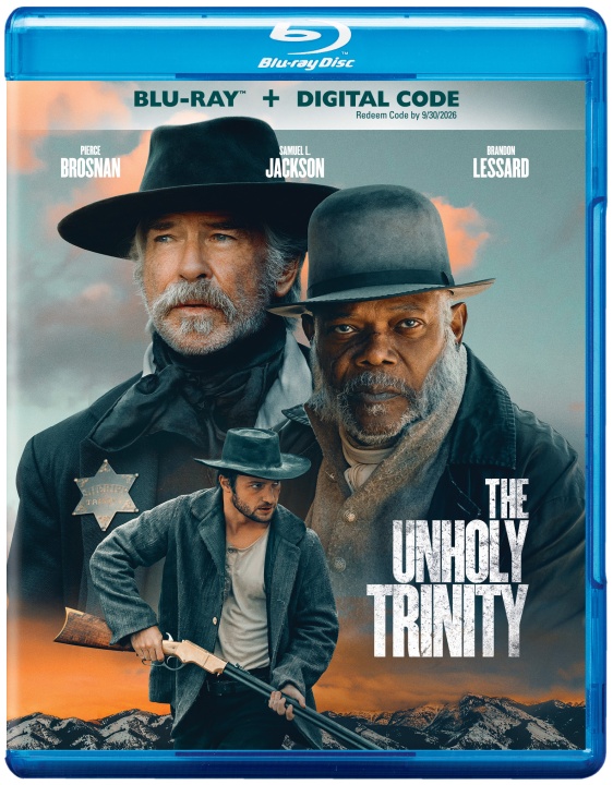 Blu-ray cover for "The Unholy Trinity," featuring three men in cowboy attire, one holding a rifle, with dramatic skies in the background.