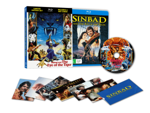 Blu-ray set of "Sinbad and the Eye of the Tiger" with case, disc, art cards, and booklet displayed on a black background.