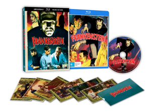 Frankenstein Blu-ray limited edition set with case, disc, postcards, and original movie artwork displayed.