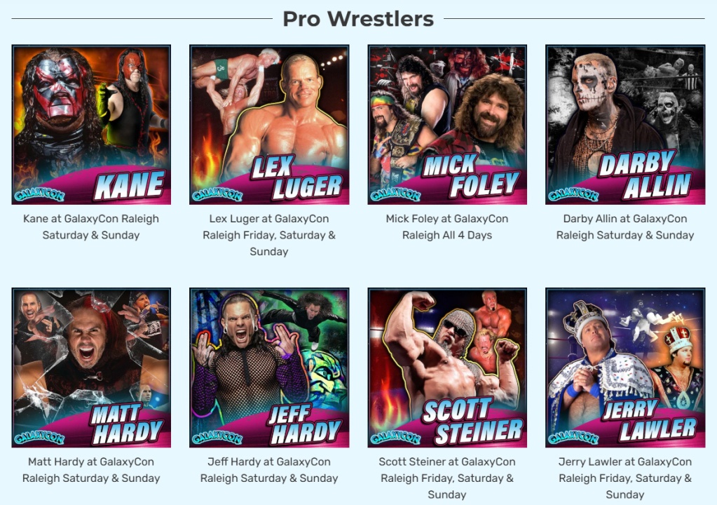 Grid of eight promotional photos of pro wrestlers, each shown with their name and appearance dates at GalaxyCon Raleigh, including Kane, Lex Luger, Mick Foley, Darby Allin, and others.
