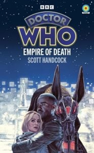 Book cover for "Doctor Who: Empire of Death" by Scott Handcock, showing two people and an Anubis-like figure against a snowy cityscape background.