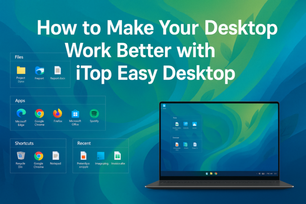 A laptop displays a desktop screen with file, app, shortcut, and recent file icons. The text reads "How to Make Your Desktop Work Better with iTop Easy Desktop.