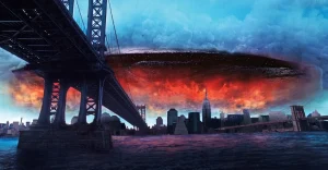 A large UFO hovers over a city skyline, emitting a fiery glow beneath dark clouds, with a bridge in the foreground and water below.