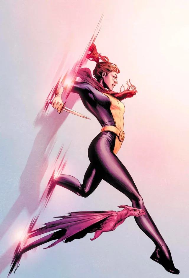 A woman in a black and yellow superhero suit runs forward holding a glowing sword, with a small purple dragon-like creature beside her.