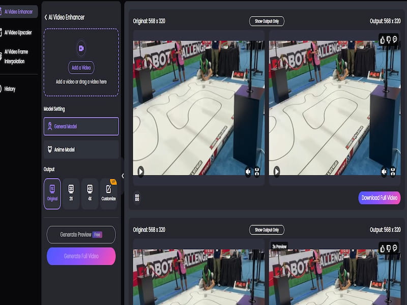 Screenshot of a video enhancement software interface showing original and processed footage of a small robotic car navigating a white track with black lines.