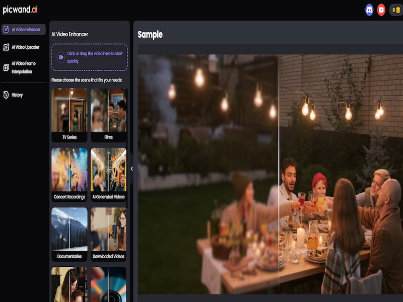 A split-screen image shows an AI video enhancer tool; the left half is blurry and the right half is clearer, depicting people dining outdoors.