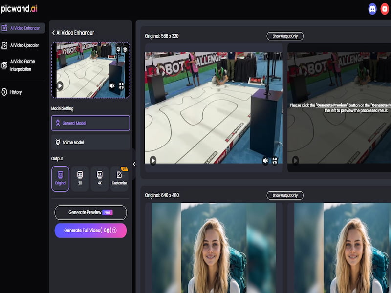 Screenshot of the picwand.ai interface showing video enhancement tools, two robot arena images for comparison, and two preview images of a smiling young woman.