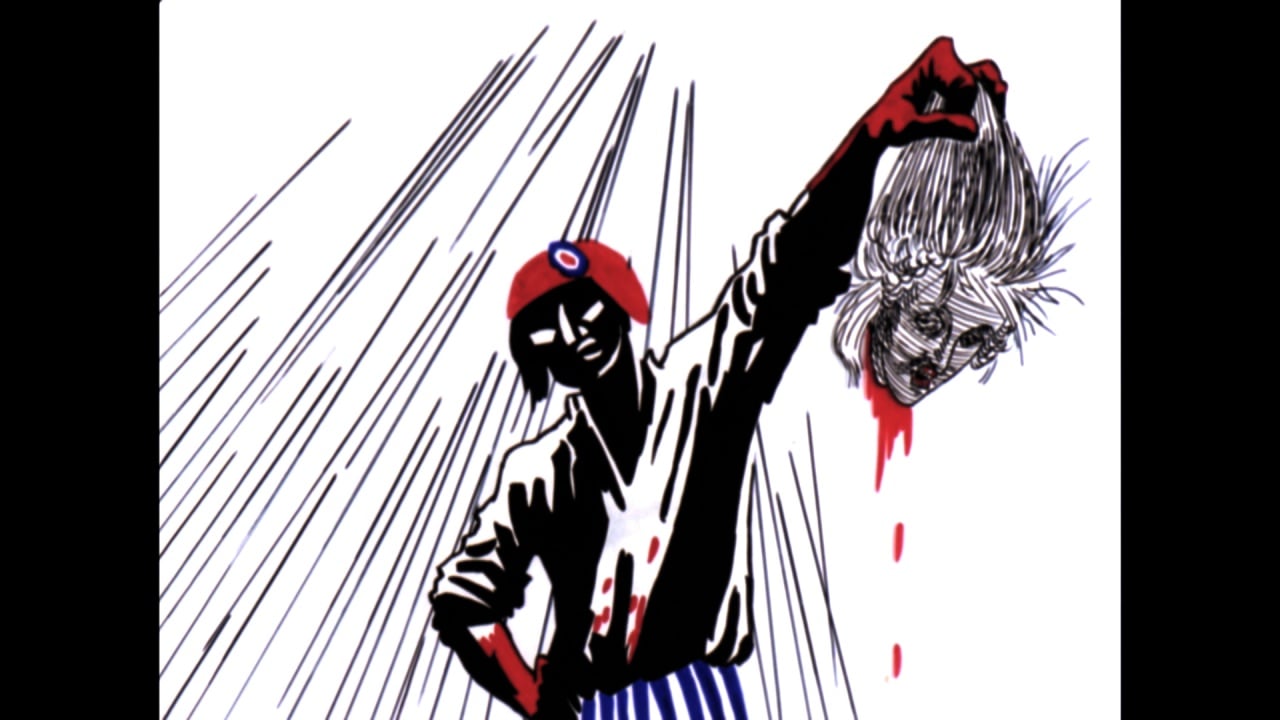 Stylized drawing of a figure in a striped outfit and red cap holding a severed, bleeding head, with dynamic lines suggesting movement or intensity.