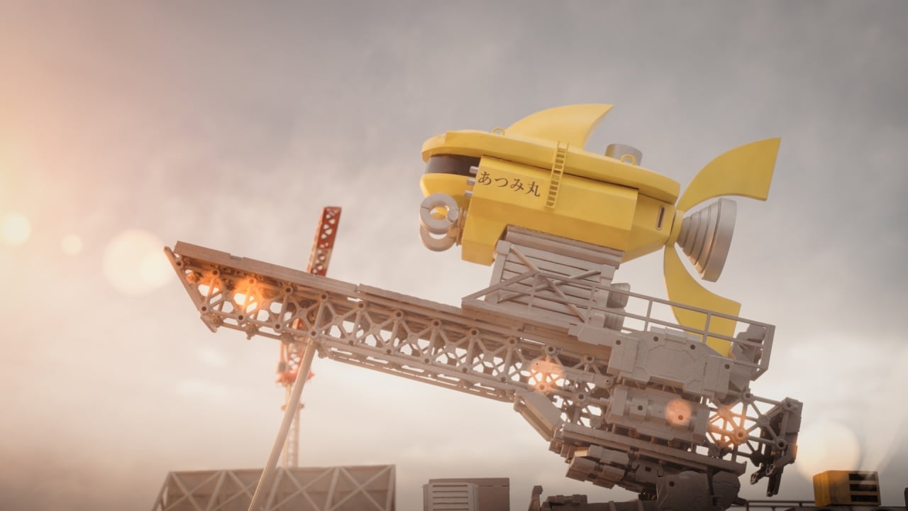 A yellow, fish-shaped submarine sits on a mechanical launching platform against a cloudy sky, with Japanese text on its side.