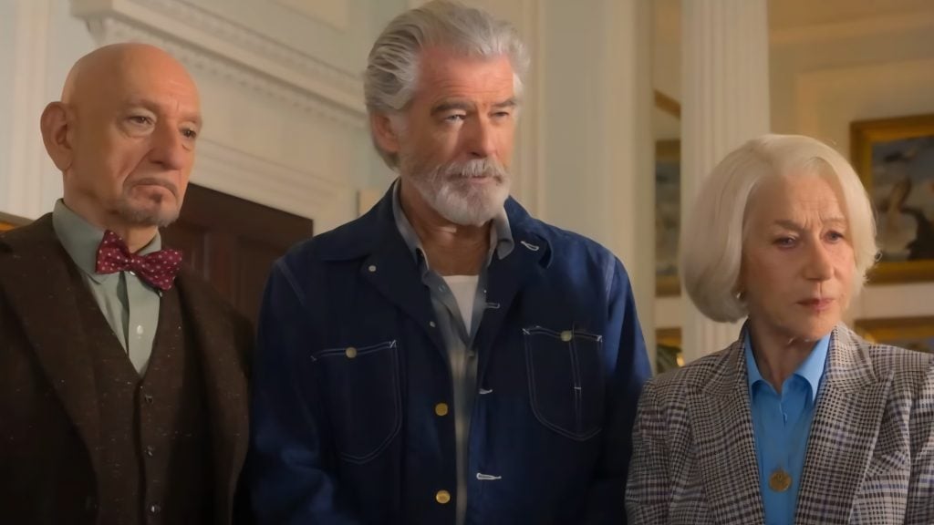Three older adults standing indoors, dressed in formal and semi-formal attire, looking slightly to the side with neutral expressions.