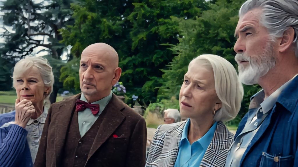 Four older adults stand outdoors, dressed in formal and semi-formal attire, looking attentively in the same direction, with trees in the background.