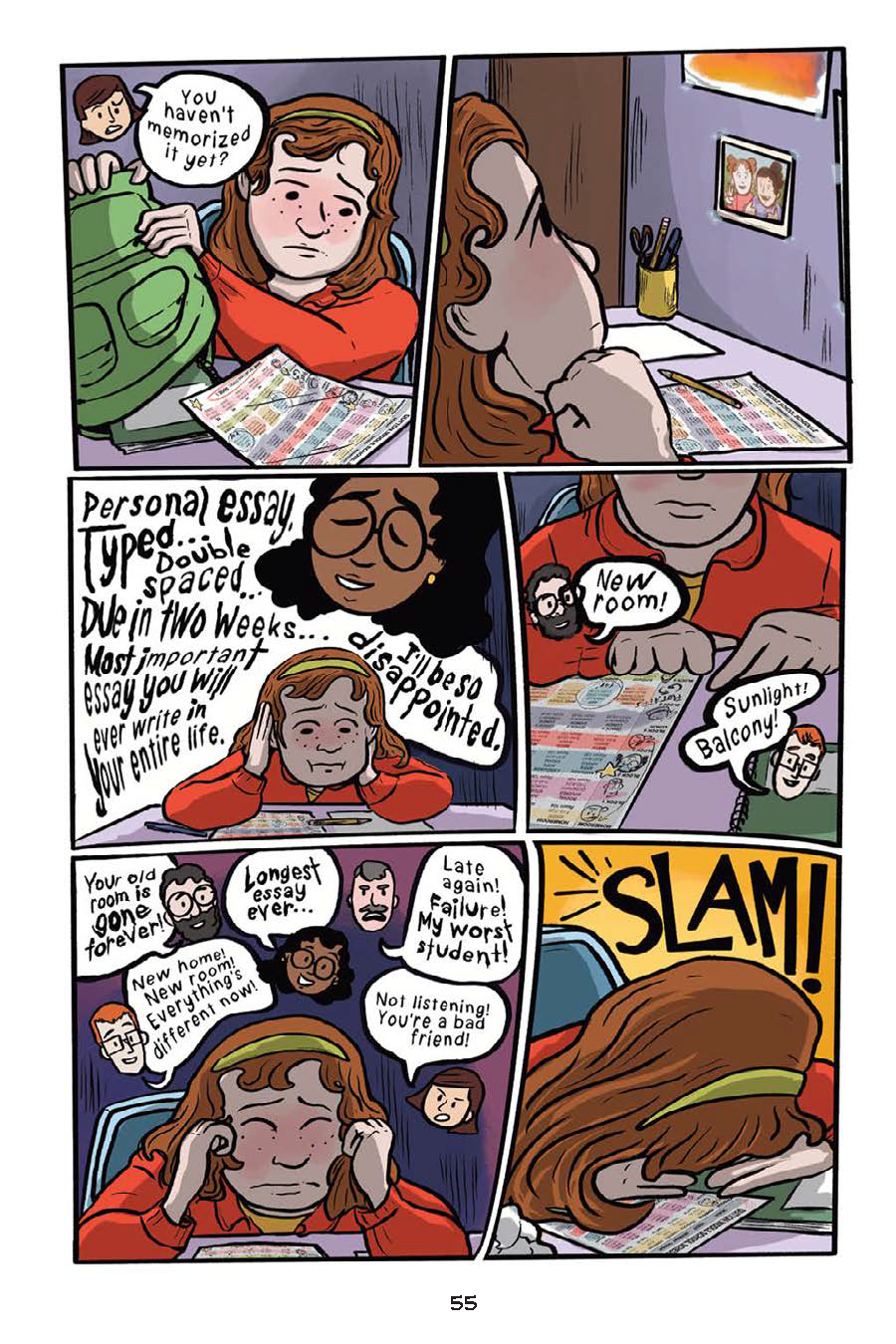 A student looks overwhelmed while reading a college prep book and listening to others talk about essay requirements, dorm rooms, and academic pressure.