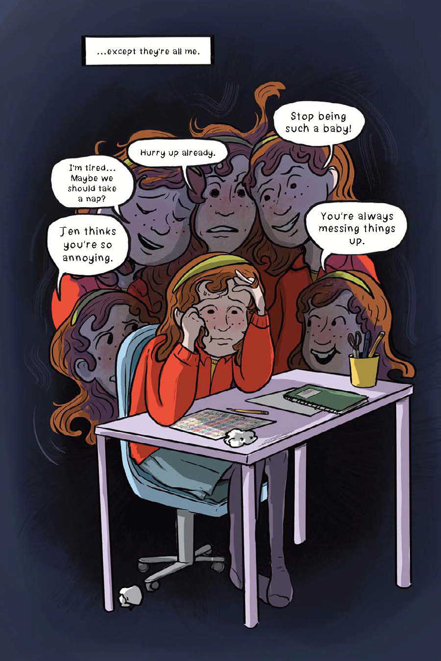 A person sits at a desk, surrounded by multiple versions of themselves expressing negative, critical thoughts in speech bubbles.