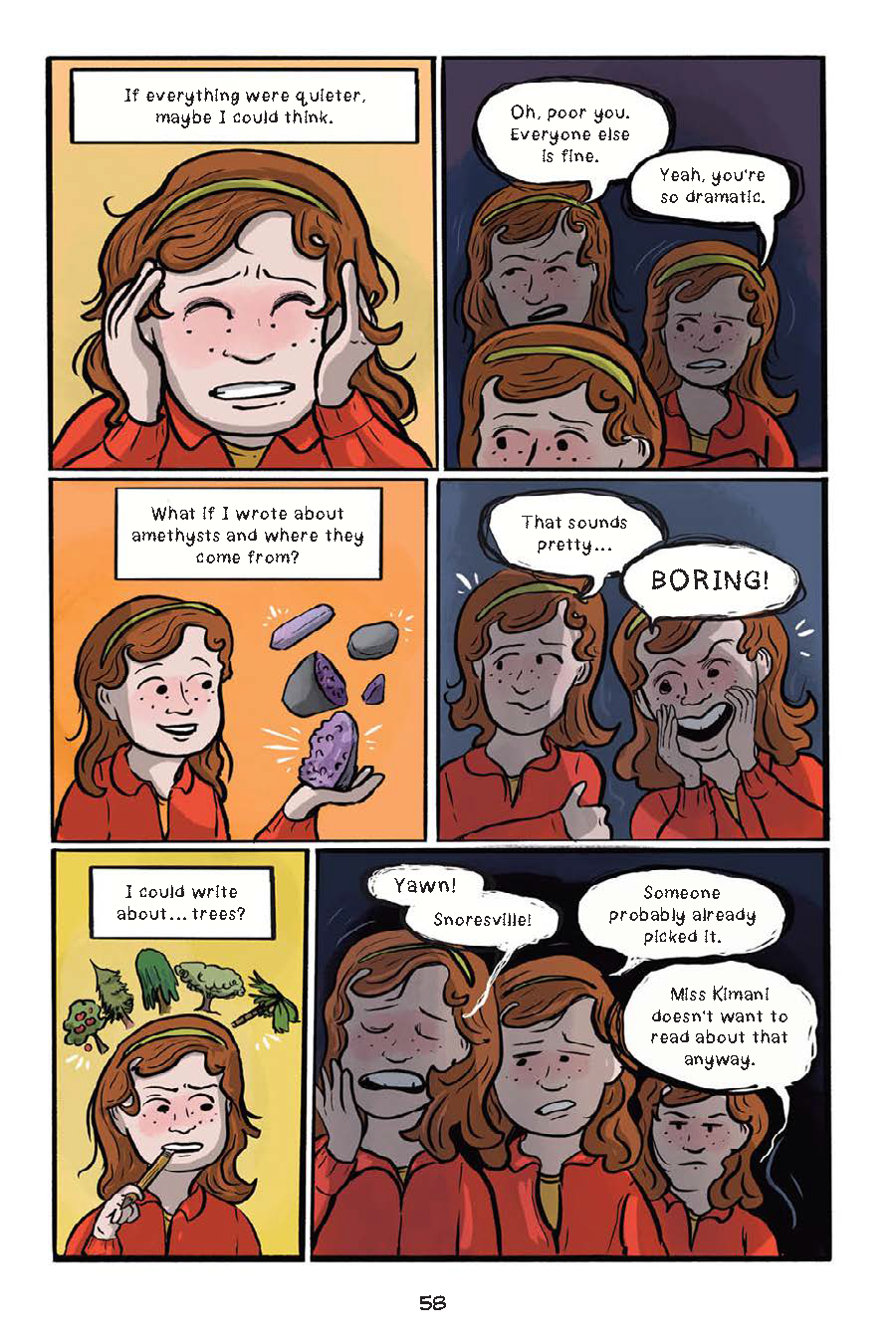 A girl considers writing ideas while three versions of herself criticize and dismiss her thoughts about writing and gemstone topics.