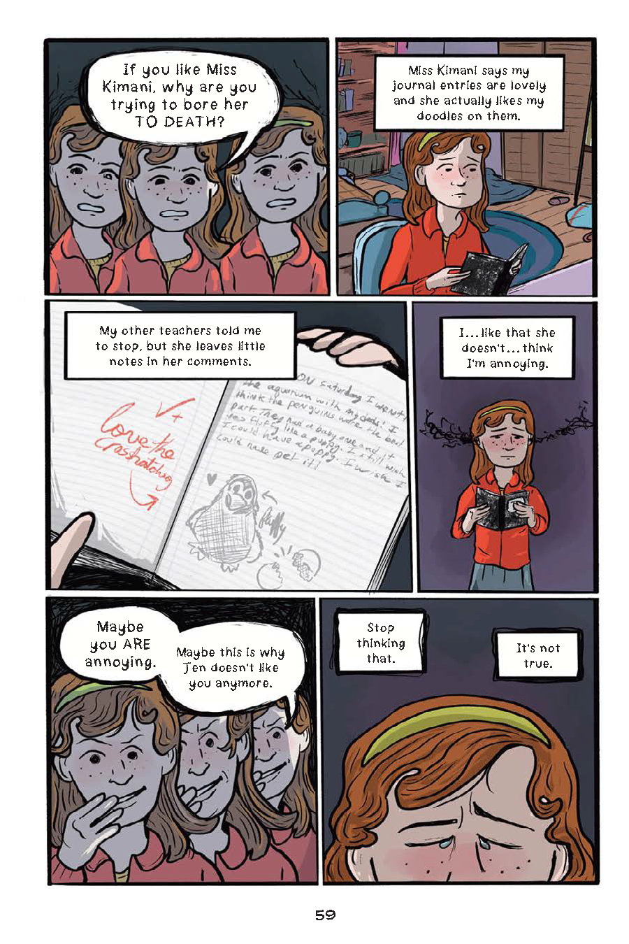 A girl reflects on her teacher's comments about her journal, feeling uncertain as she reads feedback and looks at her own doodles and drawings.