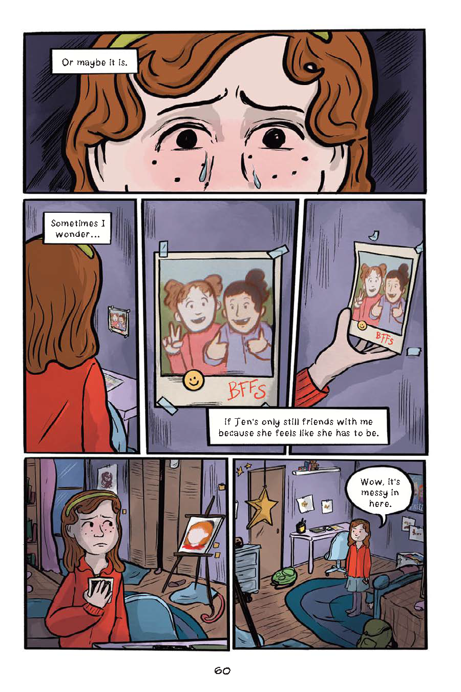 A girl looks at a photo of two friends labeled "BFFs" in a cluttered bedroom, holding her phone and thinking to herself.
