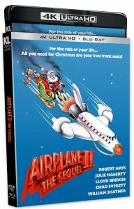 4K Ultra HD and Blu-ray case for "Airplane II: The Sequel," featuring Santa Claus and a rocket-shaped airplane on the cover. Cast list includes Robert Hays and William Shatner.