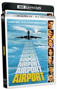 4K Ultra HD Blu-ray cover for the film "Airport," featuring an airplane taking off and headshots of the cast along the right side.