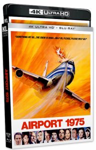 4K Ultra HD Blu-ray cover of "Airport 1975" featuring a dramatic illustration of a damaged airplane in flight and portraits of the film’s main cast at the bottom.