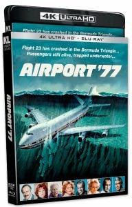 A Blu-ray cover for the film "Airport '77" shows a submerged airplane underwater with passengers trapped inside; headshots of cast members appear at the bottom.