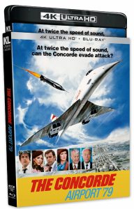 4K Ultra HD cover for "The Concorde: Airport '79" featuring the Concorde jet evading a missile, with headshots of main cast members below.