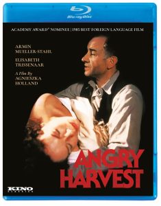 Blu-ray cover of "Angry Harvest" showing a man looking at a distressed woman. Text includes actors' names and notes the film as a 1985 Best Foreign Language Film nominee.