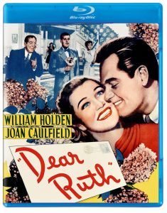 Blu-ray cover of the film "Dear Ruth" featuring illustrated portraits of a smiling couple in the foreground and two men and a woman in the background, with title and cast names displayed.